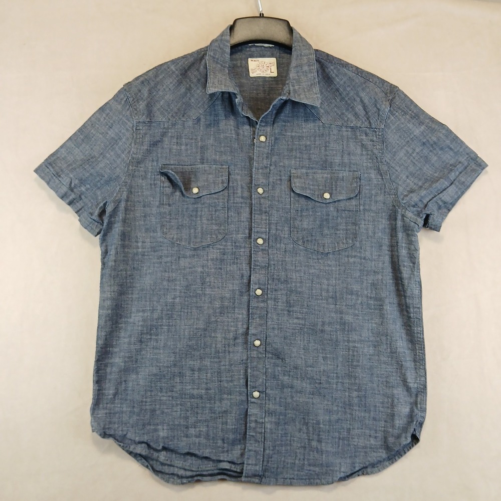 Lucky Brand Large Mens Shirt Chambray Short Sleeve 22x26 Cowboy Western